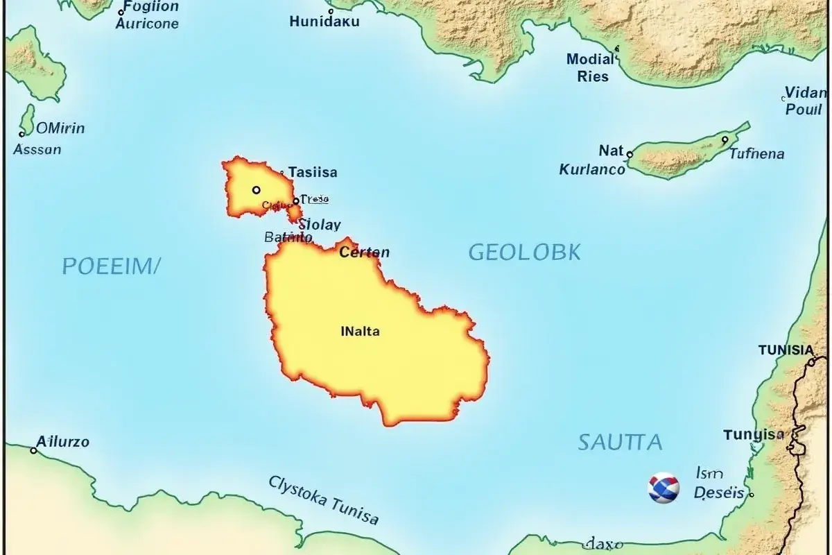 Mapa pokazuje, gdzie leży Malta, między Tunezją a Włochami, z zaznaczonymi miastami jak INalta i Tasiisa.