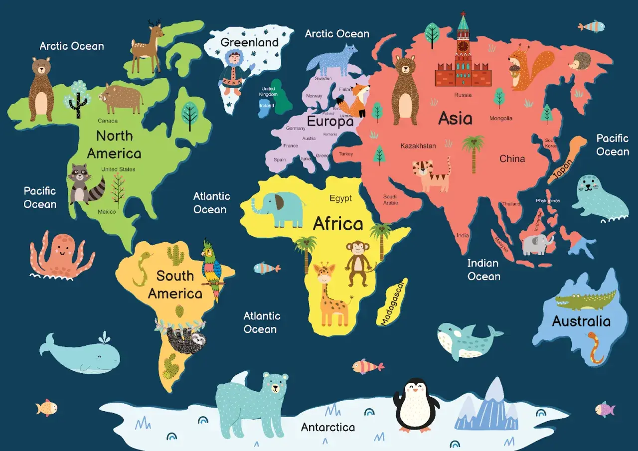 Kolorowa mapa świata z zabawnymi zwierzętami ilustruje wszystkie kontynenty: niedźwiedzie w Ameryce Północnej, słonie w Afryce, tygrysy w Azji i kangury w Australii.