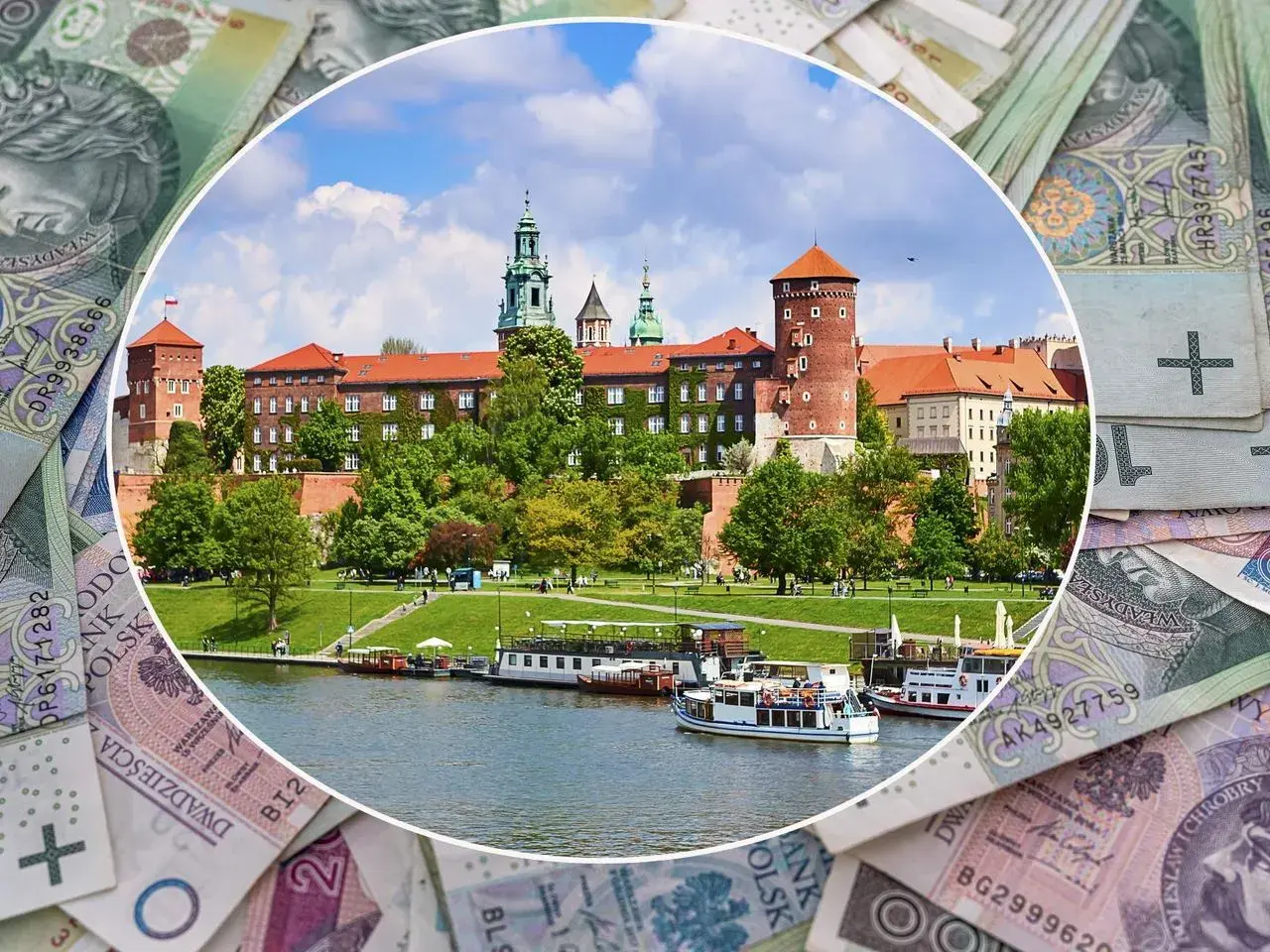 Zamek Królewski na Wawelu, symbol Krakowa, w województwie małopolskim. W tle polskie banknoty.