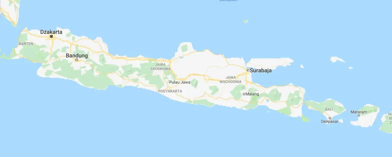 Mapa Indonezji z zaznaczoną Dżakartą, stolicą na wyspie Jawa. Widoczne inne miasta jak Bandung, Surabaya, Yogyakarta, Malang oraz wyspa Bali.