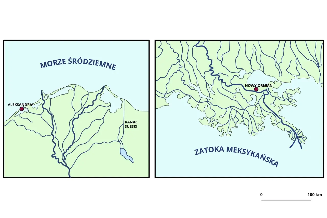 Dwa mapy: jeden przedstawia deltę Nilu z Aleksandrią i Kanałem Sueskim, drugi deltę Missisipi z Nowym Orleanem.