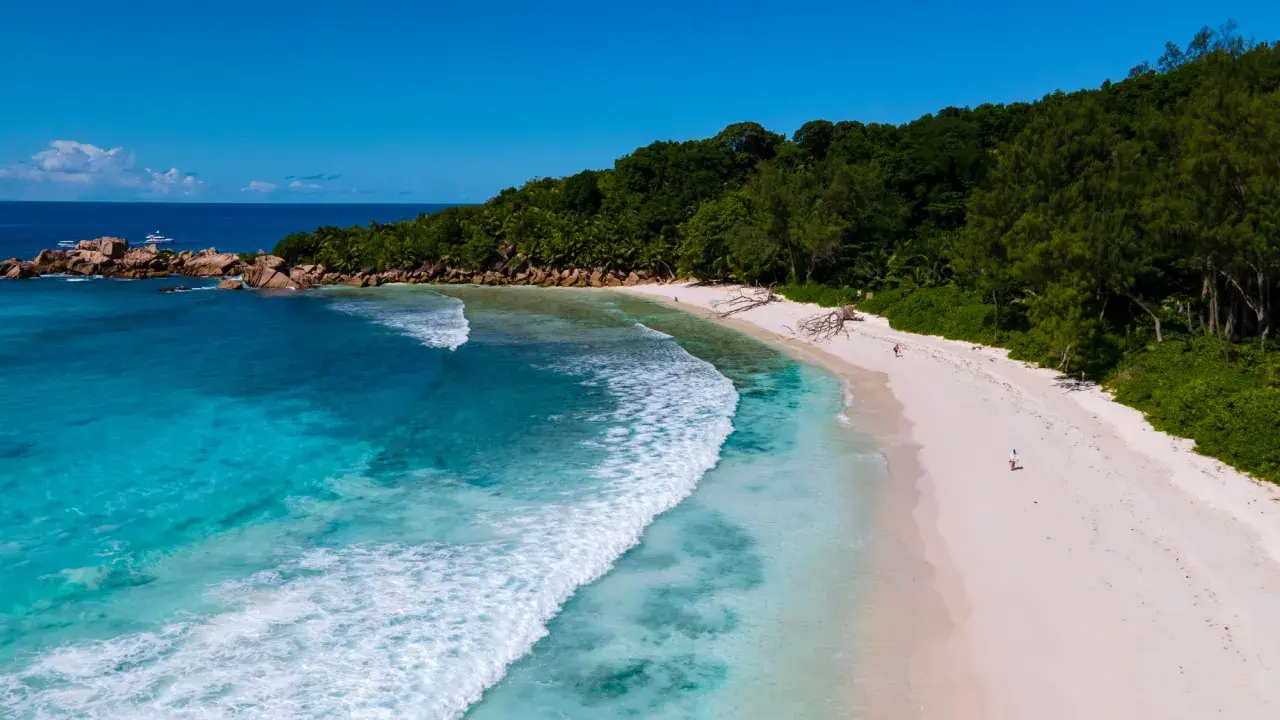 Rajska plaża z turkusowym oceanem indyjskim, białym piaskiem i bujną zielenią.