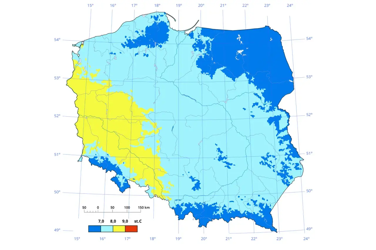 Mapa Polski z zaznaczonymi obszarami o różnej średniej temperaturze, wskazująca na klimat umiarkowany. Żółte obszary to cieplejsze rejony, niebieskie chłodniejsze.