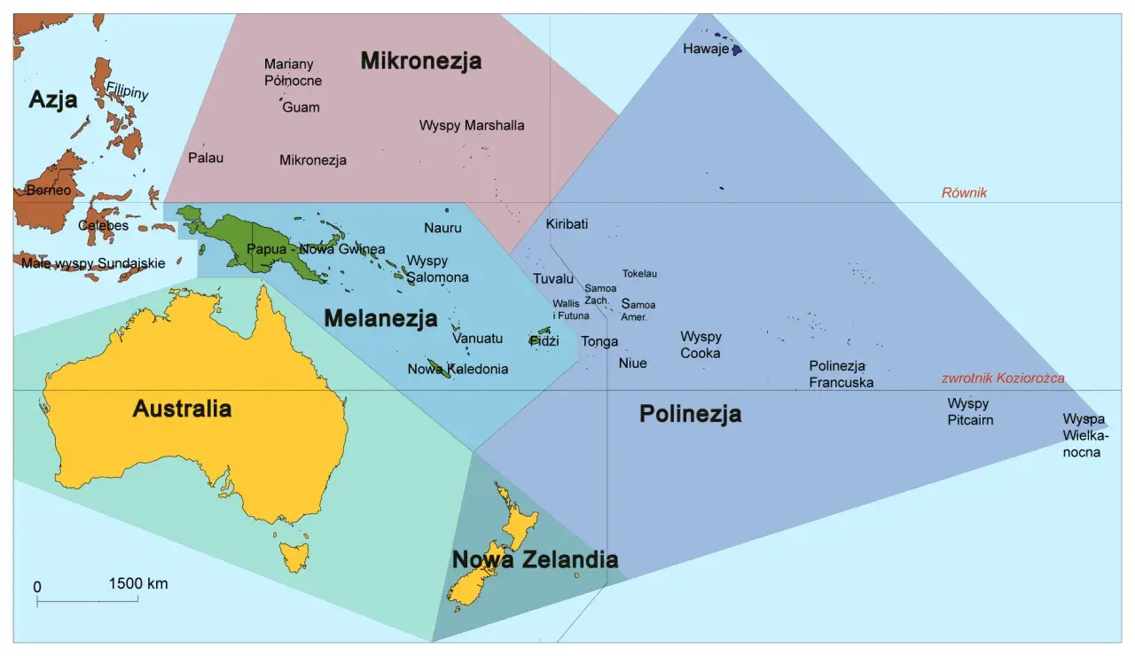 Mapa Oceanii z podziałem na regiony: Mikronezja, Melanezja, Polinezja. Widać Australię, Nową Zelandię i fragment Azji. To obszar najmniejszego kontynentu na ziemi.