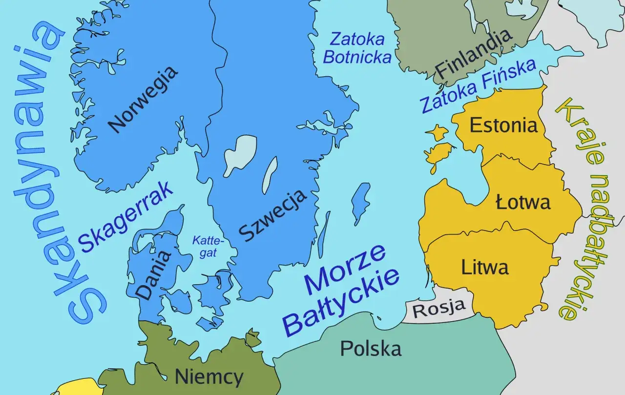 Mapa regionu Morza Bałtyckiego z krajami: Skandynawia, Dania, Niemcy, Polska, Rosja, Litwa, Łotwa, Estonia, Finlandia. Ciekawe miejsca: Zatoka Botnicka, Zatoka Fińska, Skagerrak.