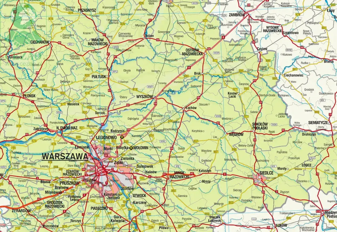 Warszawa leży w województwie mazowieckim. Mapa pokazuje jej położenie wśród okolicznych miejscowości.