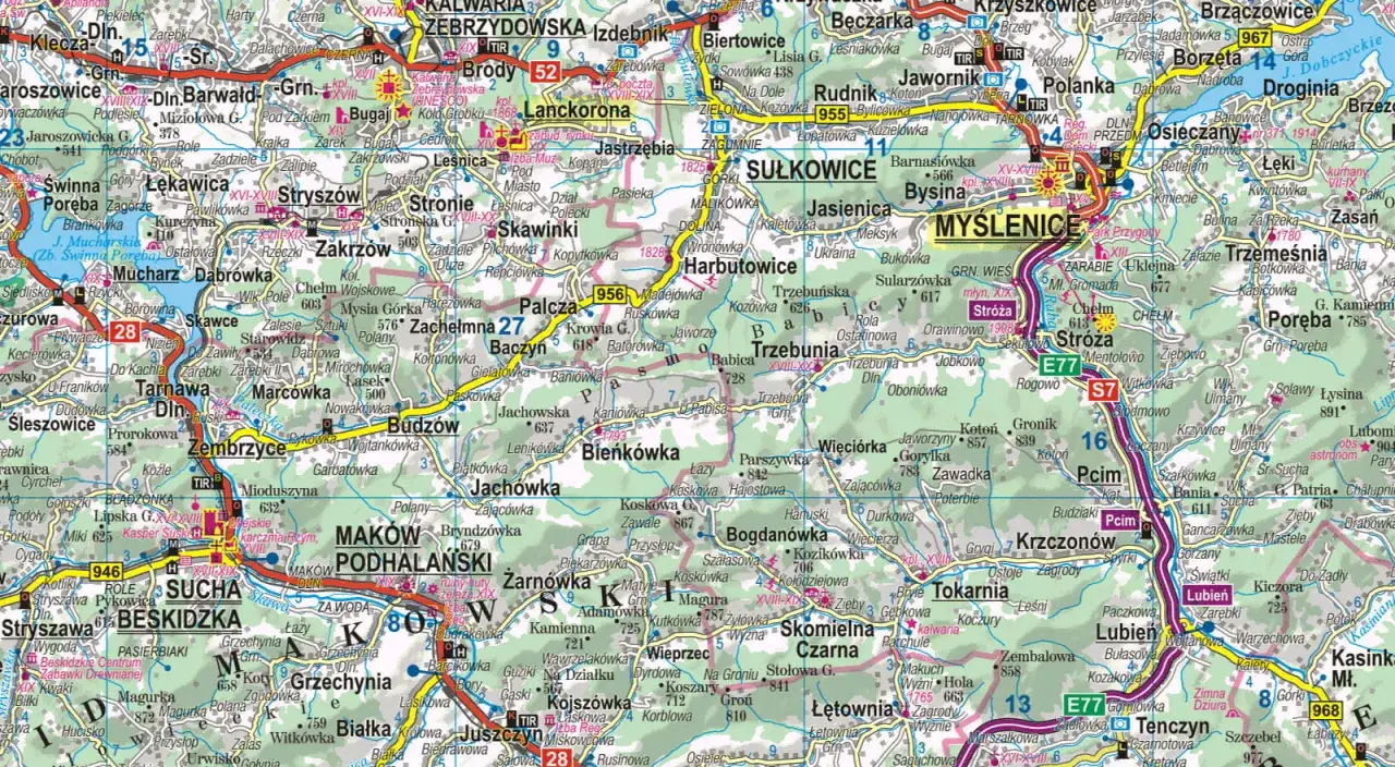 Kraków, jakie województwo? Mapa pokazuje okolice Krakowa, w tym Myślenice, Sułkowice i inne miejscowości.