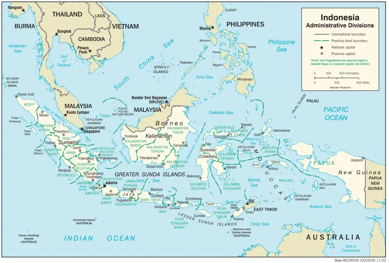 Mapa Indonezji z zaznaczoną Dżakartą, stolicą specjalną, na wyspie Jawa.
