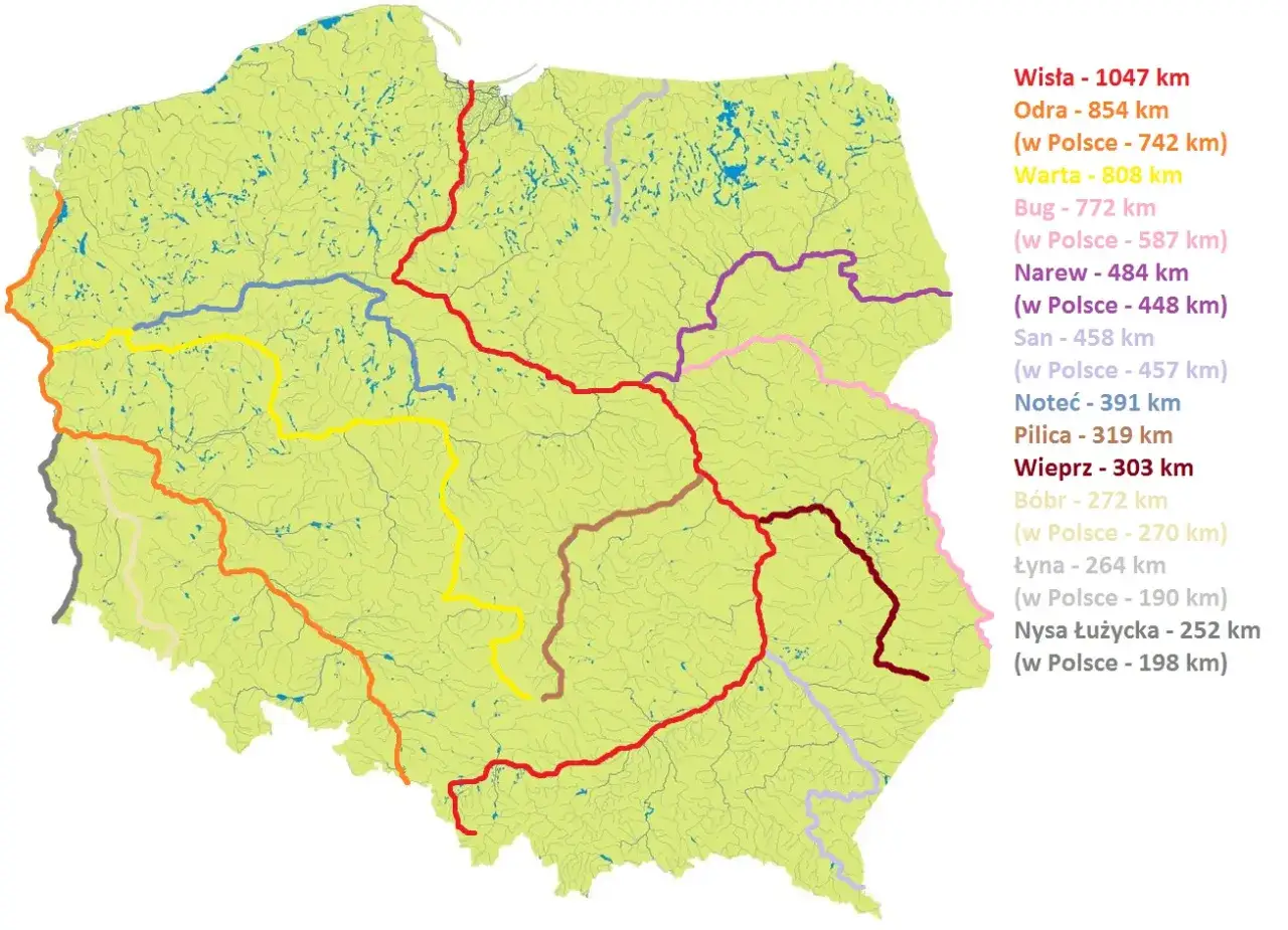 Mapa Polski z zaznaczonymi głównymi rzekami, m.in. Wisłą, Odrą i Wartą. Kolorowe linie pokazują przebieg każdej rzeki.