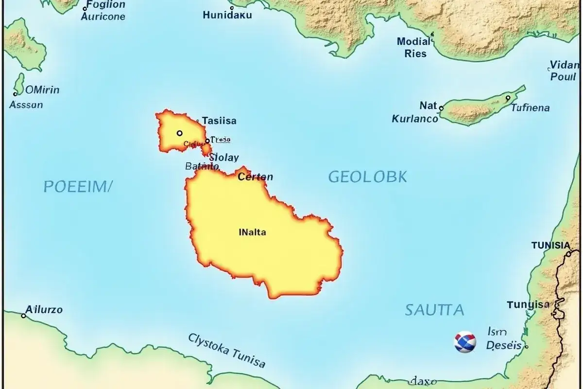 Malta wyspa, zaznaczona na żółto, leży na morzu między POEEIM/ a SAUTTA. Widać pobliskie wybrzeża Tunezji.