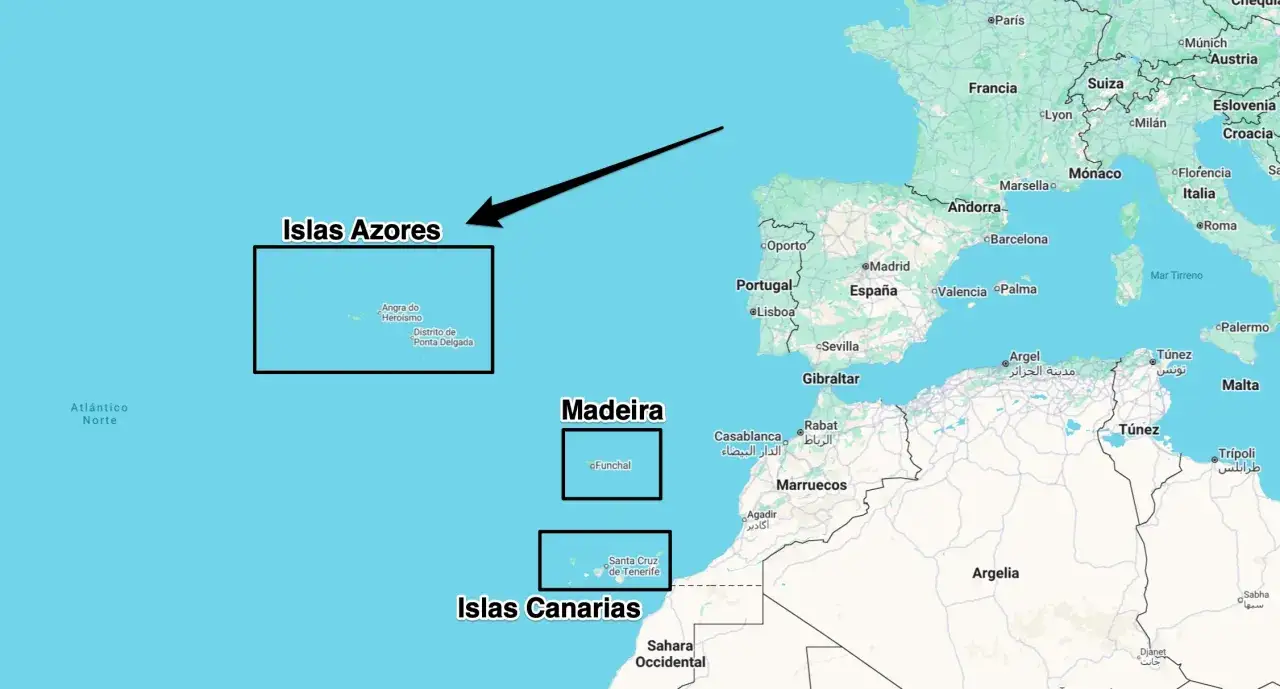 Mapa Europy i Afryki Północnej z zaznaczonymi wyspami portugalskimi: Azory, Madera i Wyspy Kanaryjskie.