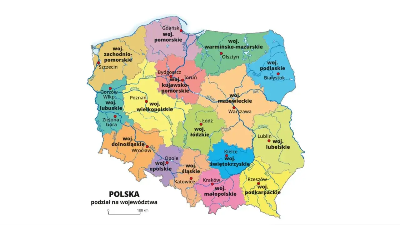 Mapa Polski z podziałem na województwa. Pokazuje, ile jest miast w Polsce, zaznaczając ich stolice i granice administracyjne.