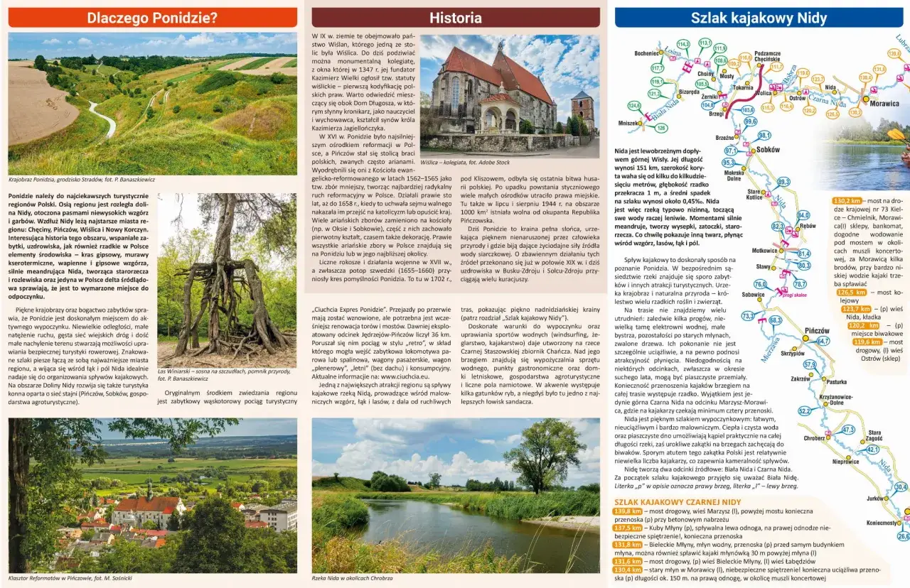 Mapa Ponidzia z zaznaczonymi szlakami kajakowymi Nidy i opisem atrakcji regionu.