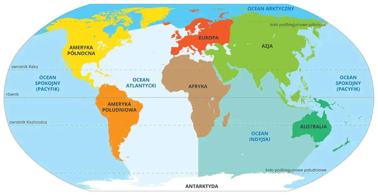 Mapa świata z zaznaczonymi wszystkimi kontynentami: Ameryką Północną, Południową, Europą, Afryką, Azją, Australią i Antarktydą.