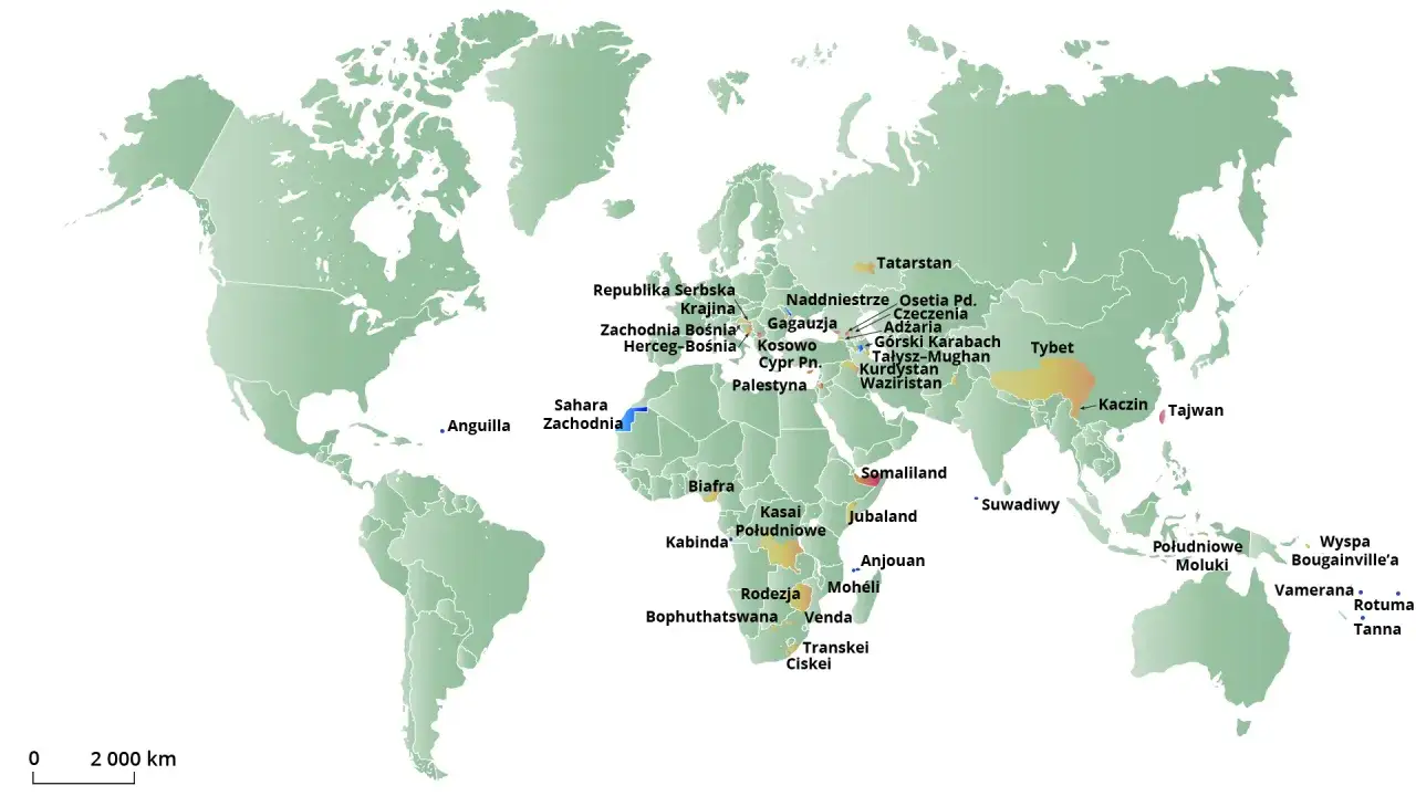 Mapa pokazuje, ile jest krajów na świecie, zaznaczając regiony takie jak Sahara Zachodnia, Somaliland, Tybet i Tajwan.